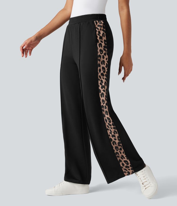 High Waisted Contrast Leopard Casual Wide Leg Pants with Pockets