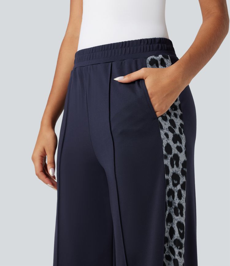 High Waisted Contrast Leopard Casual Wide Leg Pants with Pockets