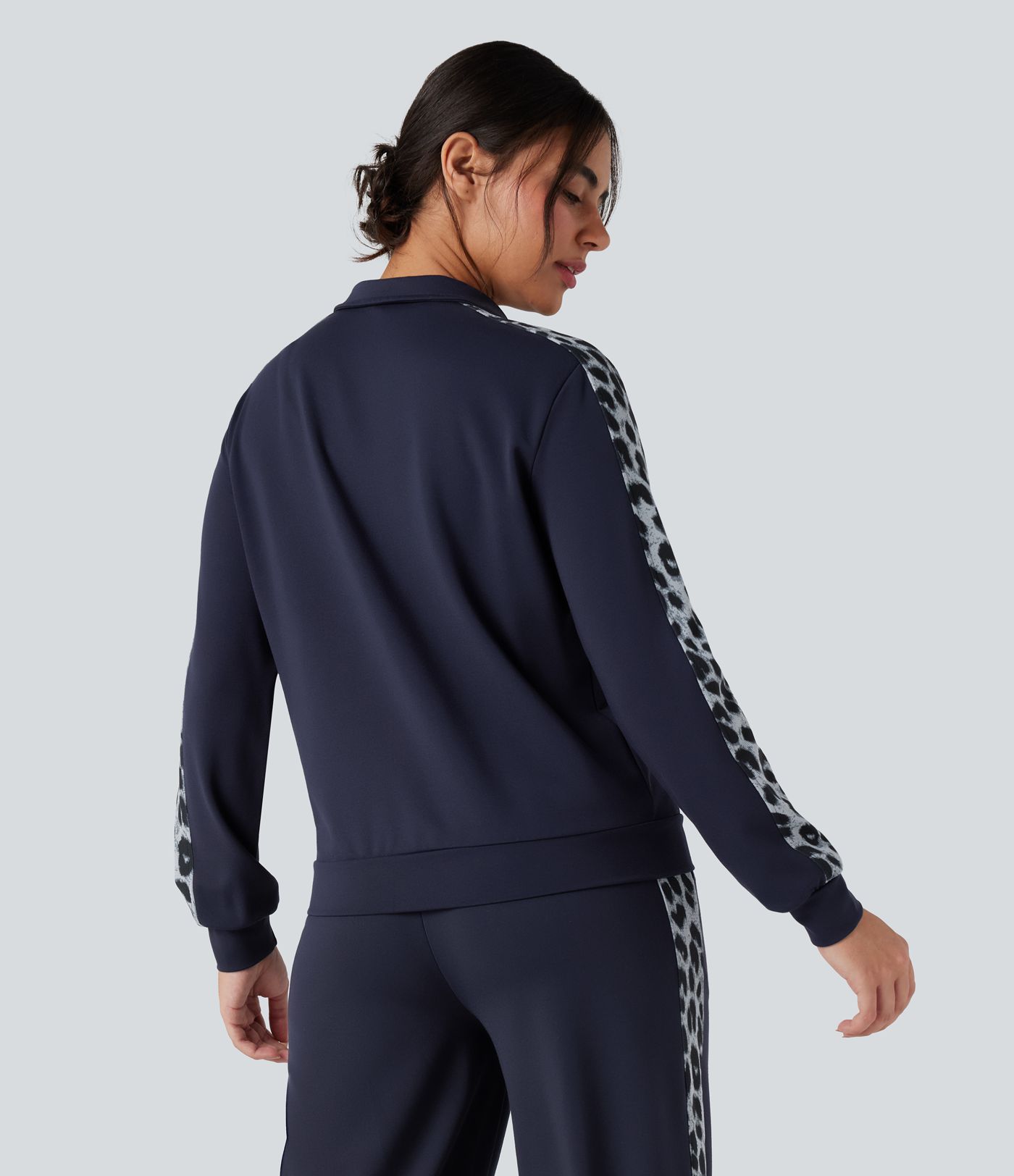 SculptKnit Stand Collar Contrast Leopard Casual Jacket with Pockets