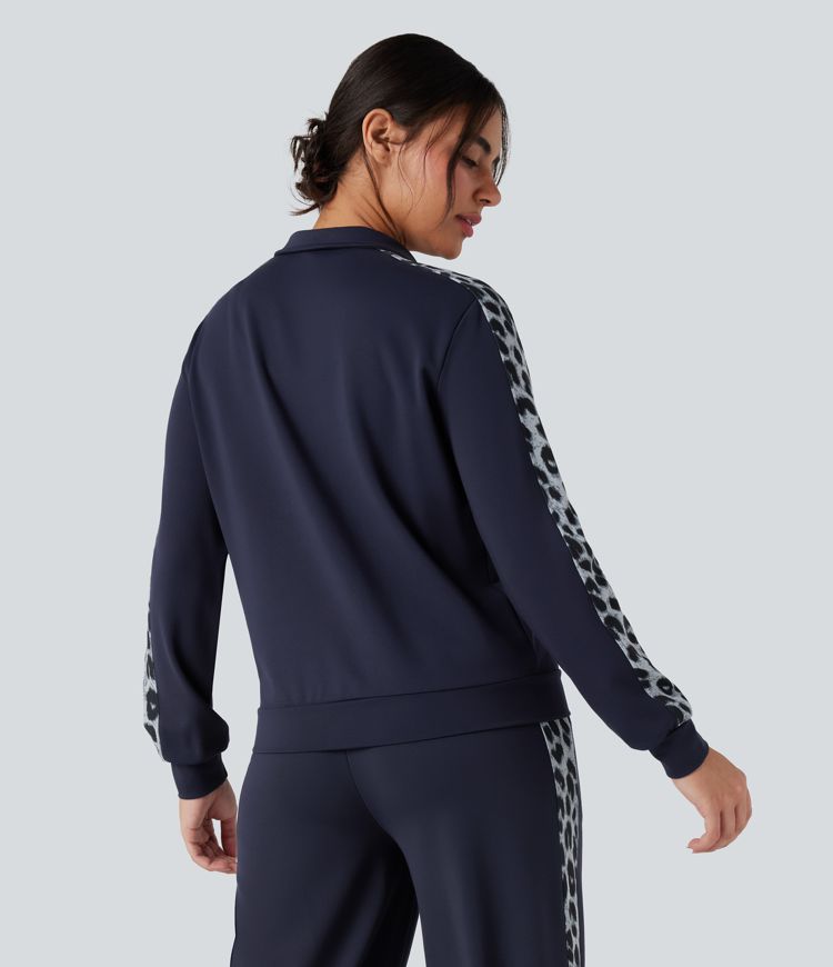 SculptKnit Stand Collar Contrast Leopard Casual Jacket with Pockets