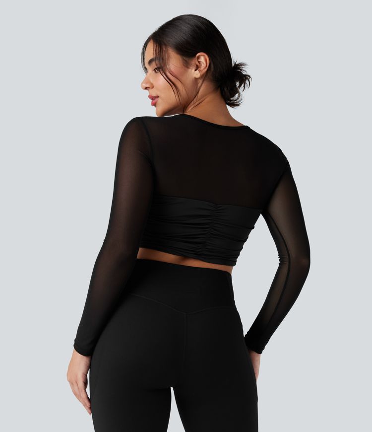 Round Neck Long Sleeve Ruched Contrast Mesh Yoga Sports Top