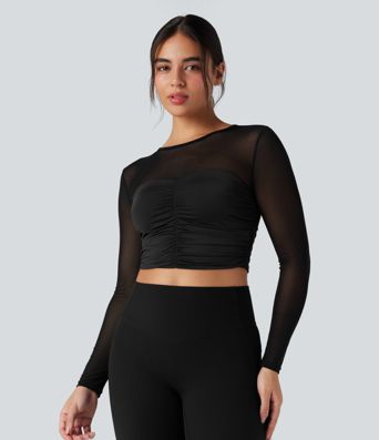 Round Neck Long Sleeve Ruched Contrast Mesh Yoga Sports Top