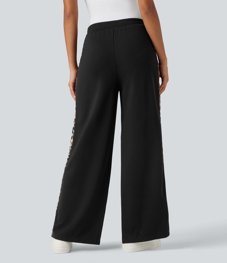 High Waisted Contrast Leopard Casual Wide Leg Pants with Pockets