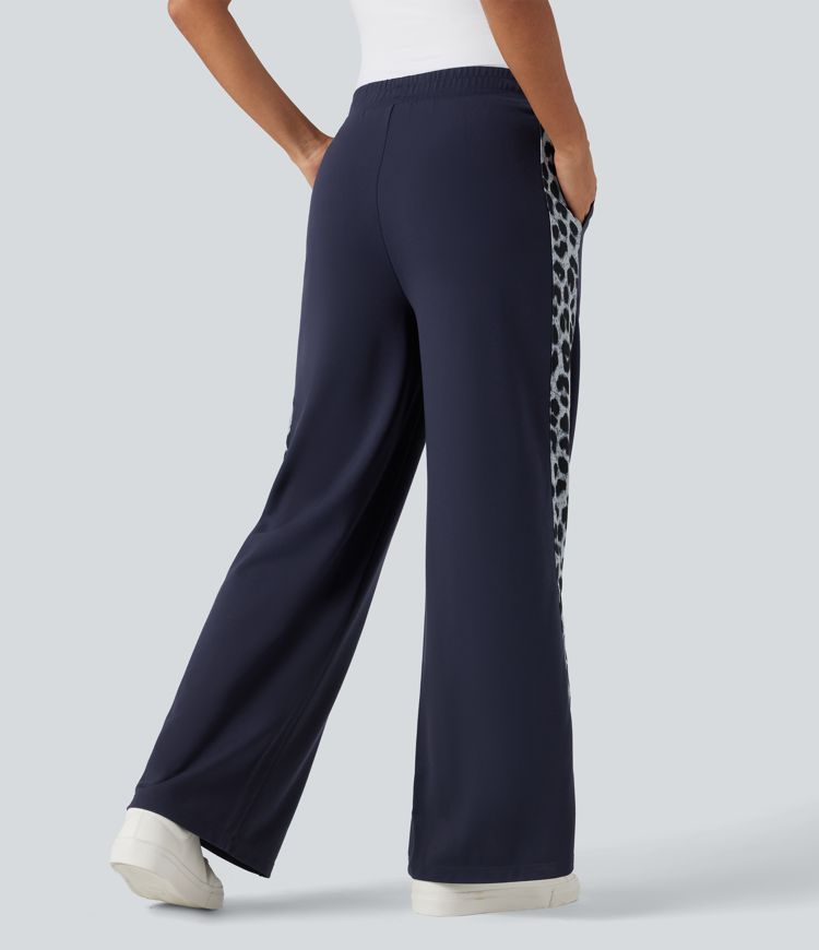 High Waisted Contrast Leopard Casual Wide Leg Pants with Pockets