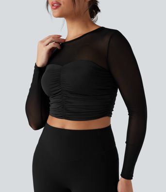 Round Neck Long Sleeve Ruched Contrast Mesh Yoga Sports Top