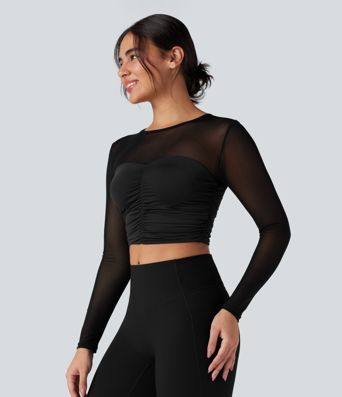Round Neck Long Sleeve Ruched Contrast Mesh Yoga Sports Top