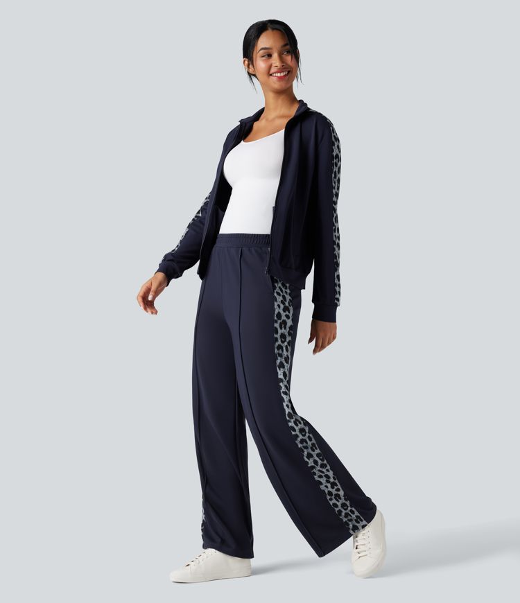 High Waisted Contrast Leopard Casual Wide Leg Trousers with Pockets
