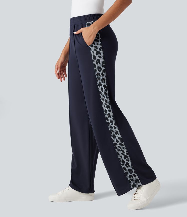 High Waisted Contrast Leopard Casual Wide Leg Pants with Pockets
