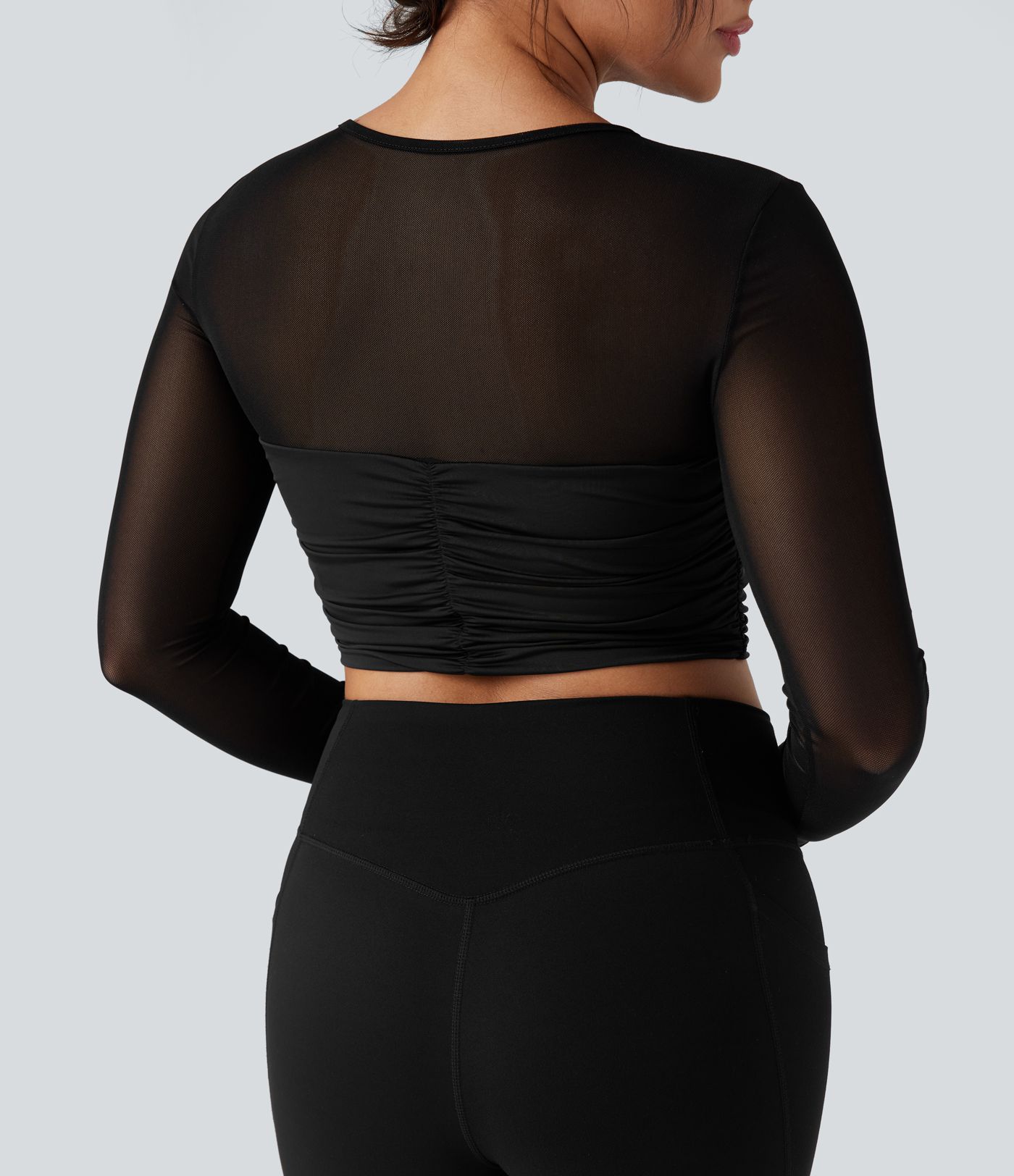 Round Neck Long Sleeve Ruched Contrast Mesh Yoga Sports Top
