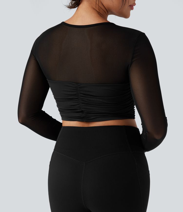 Round Neck Long Sleeve Ruched Contrast Mesh Yoga Sports Top