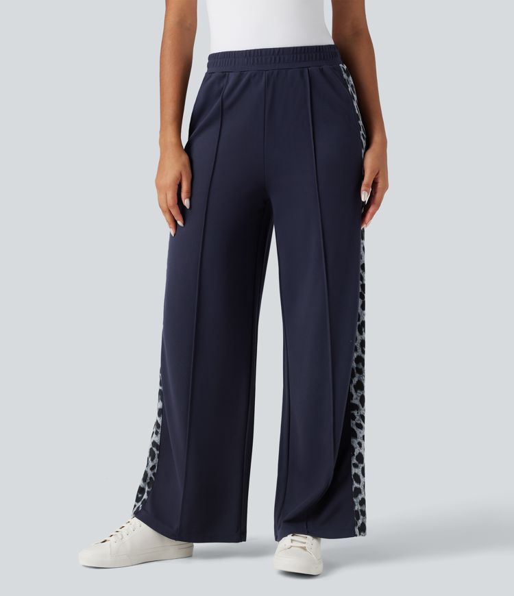 High Waisted Contrast Leopard Casual Wide Leg Pants with Pockets