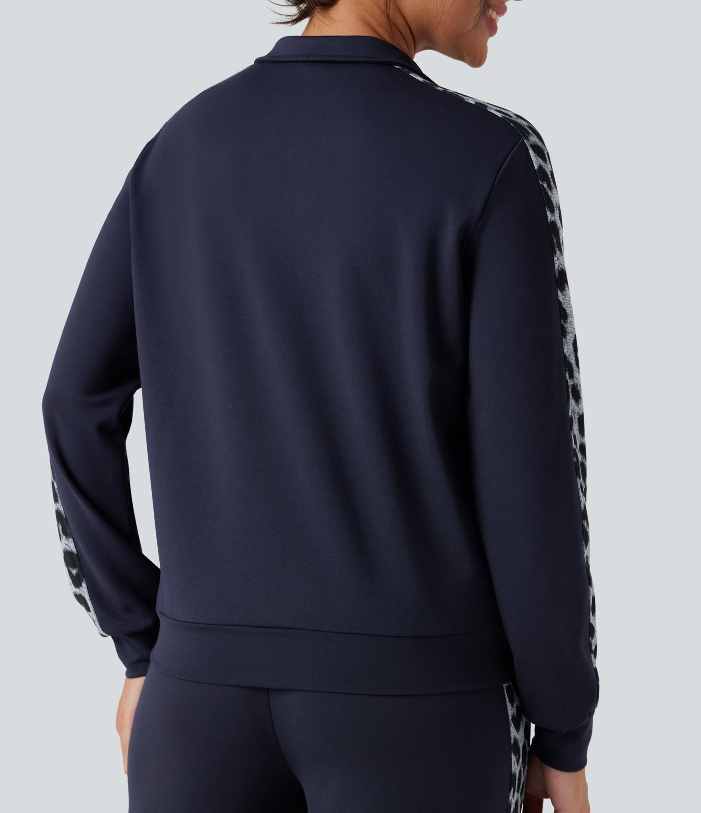 SculptKnit Stand Collar Contrast Leopard Casual Jacket with Pockets