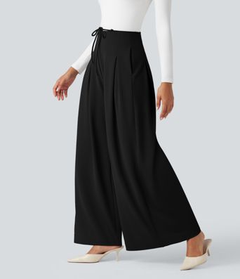 Halara Flex™ wide-leg, flowing, high-waisted crepe tailored trousers with a tie and pockets