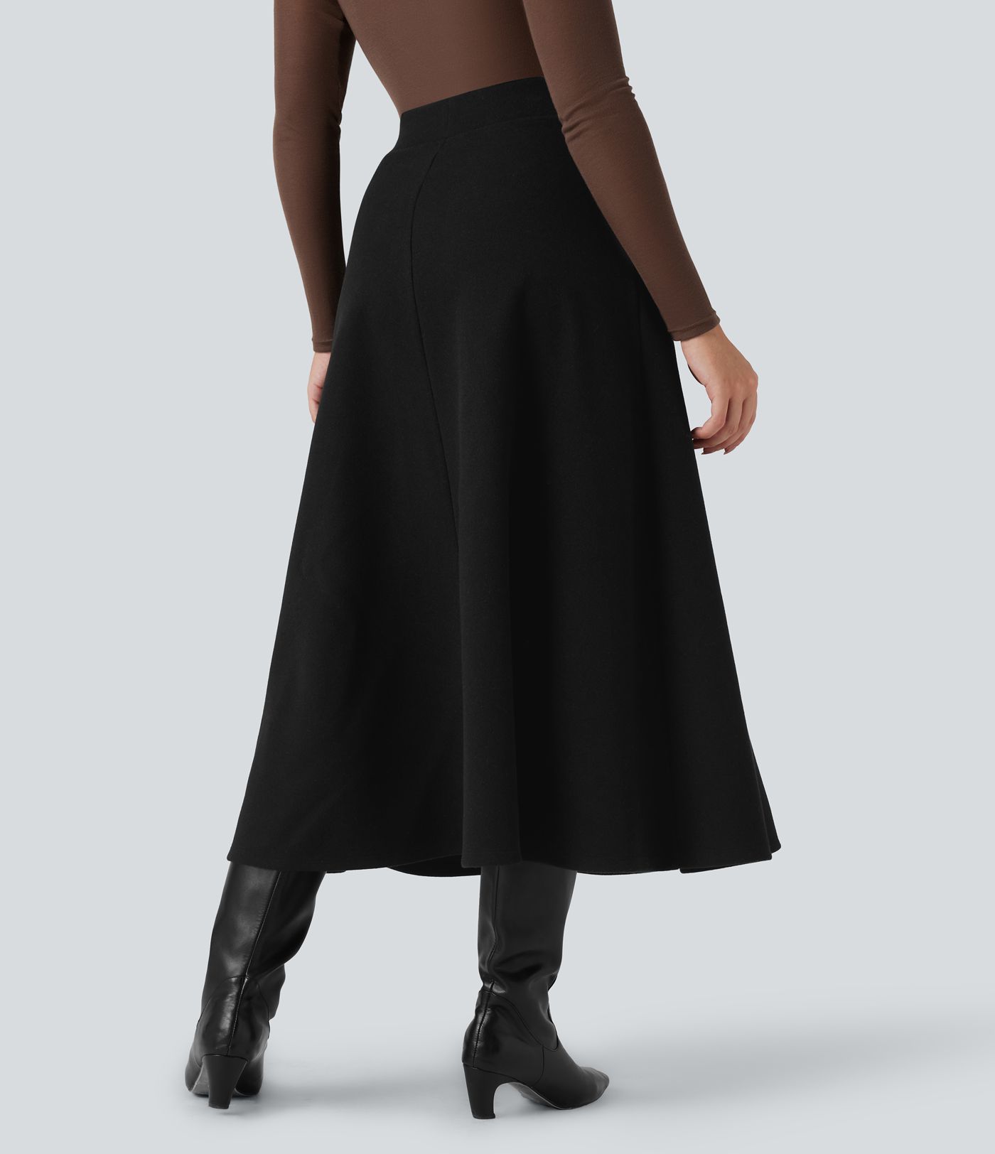 High Waisted Fleece Midi Casual A-line Skirt with Pockets