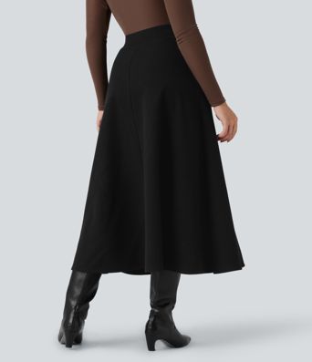 High Waisted Fleece Midi Casual A-line Skirt with Pockets