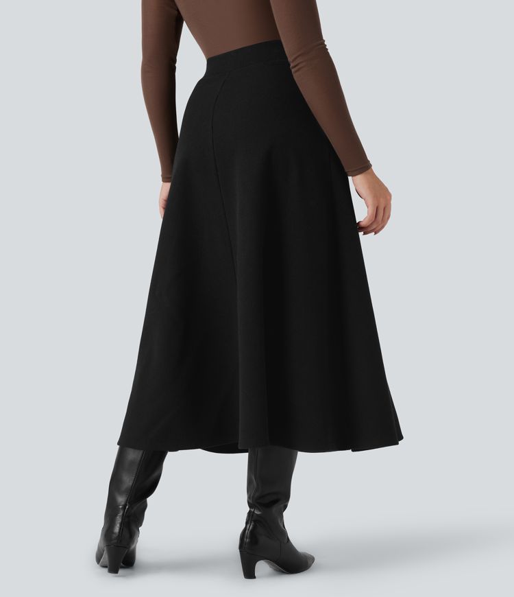 High Waisted Fleece Midi Casual A-line Skirt with Pockets