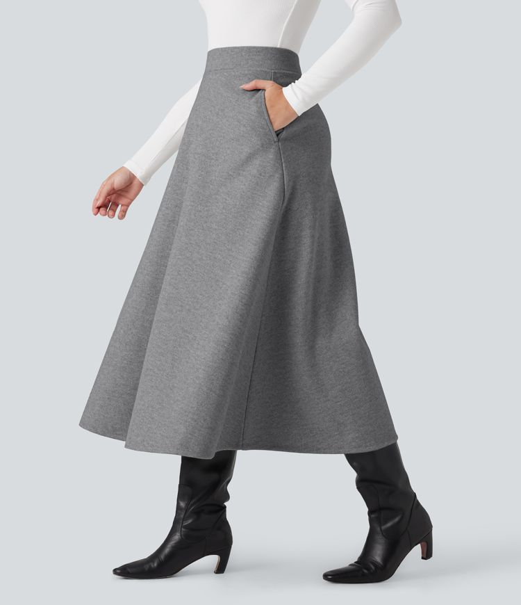 Jupe mi-longue évasée polaire taille haute avec poches