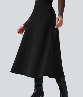 High Waisted Fleece Midi Casual A-line Skirt with Pockets
