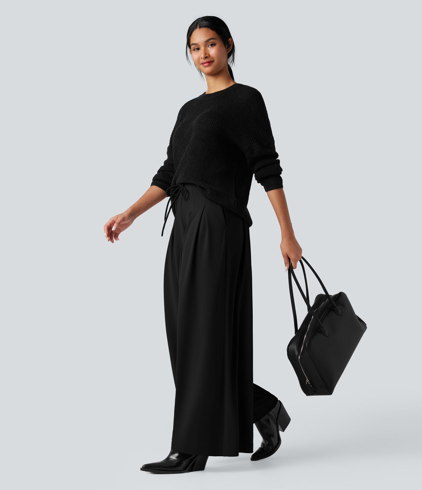 Halara Flex™ wide-leg, flowing, high-waisted crepe tailored trousers with a tie and pockets