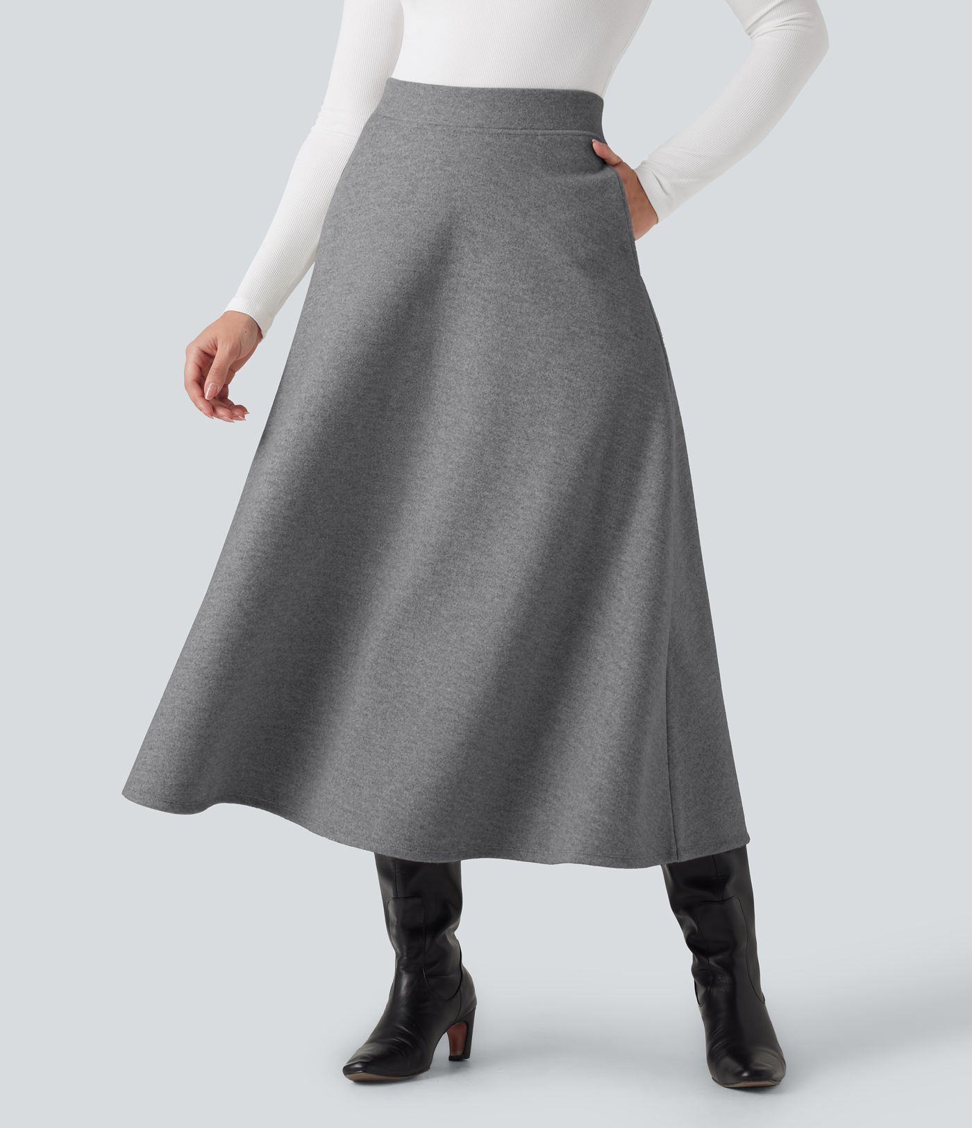 Lässiger Fleece-Midirock in A-Linien mit hohem Bund und Seitentaschen