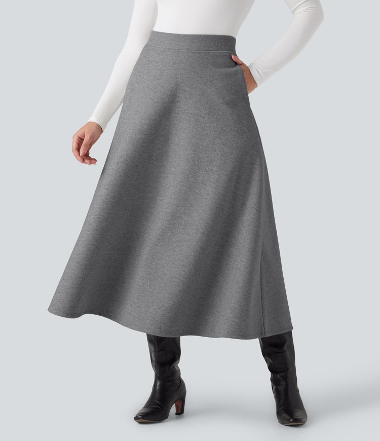 Jupe mi-longue évasée polaire taille haute avec poches