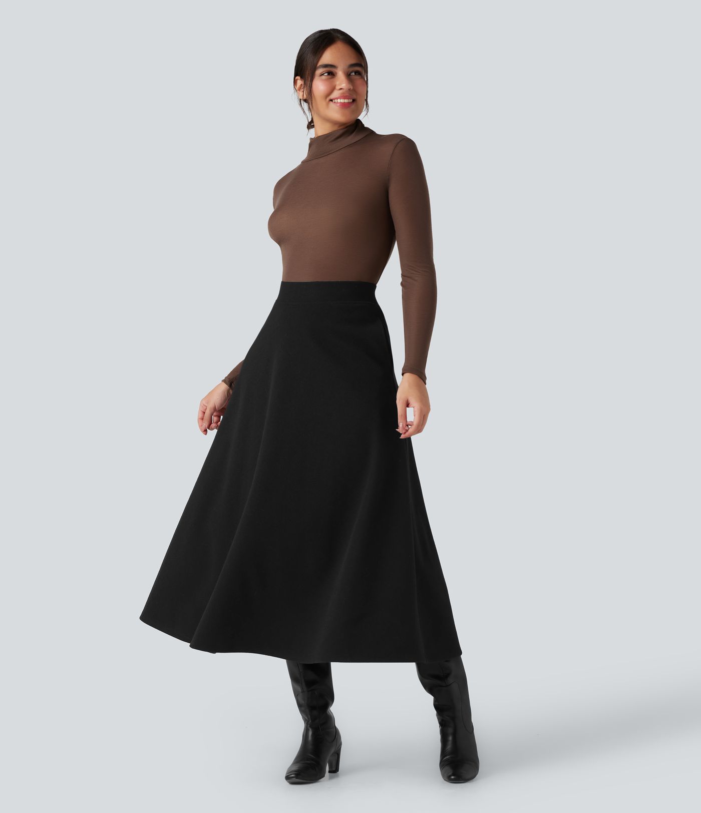 High Waisted Fleece Midi Casual A-line Skirt with Pockets