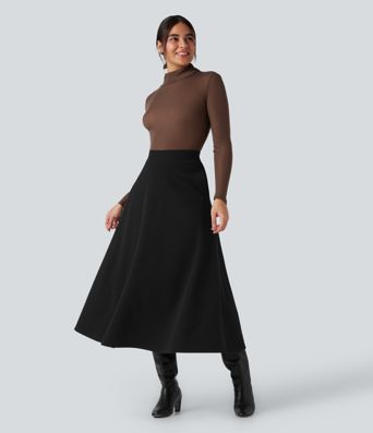 High Waisted Fleece Midi Casual A-line Skirt with Pockets