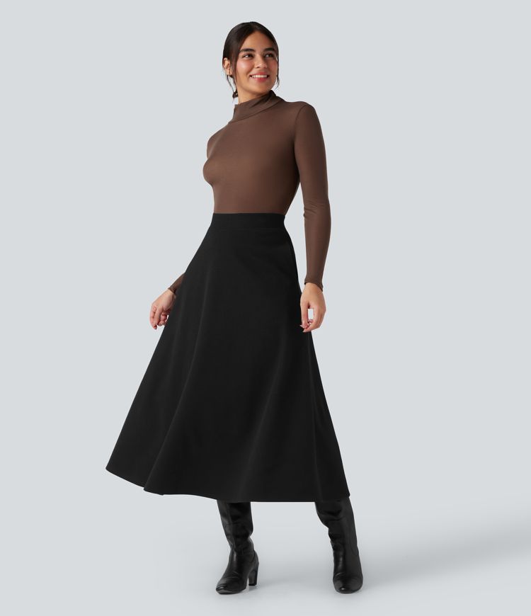 High Waisted Fleece Midi Casual A-line Skirt with Pockets