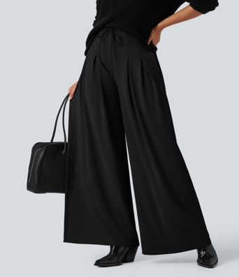 Halara Flex™ wide-leg, flowing, high-waisted crepe tailored trousers with a tie and pockets