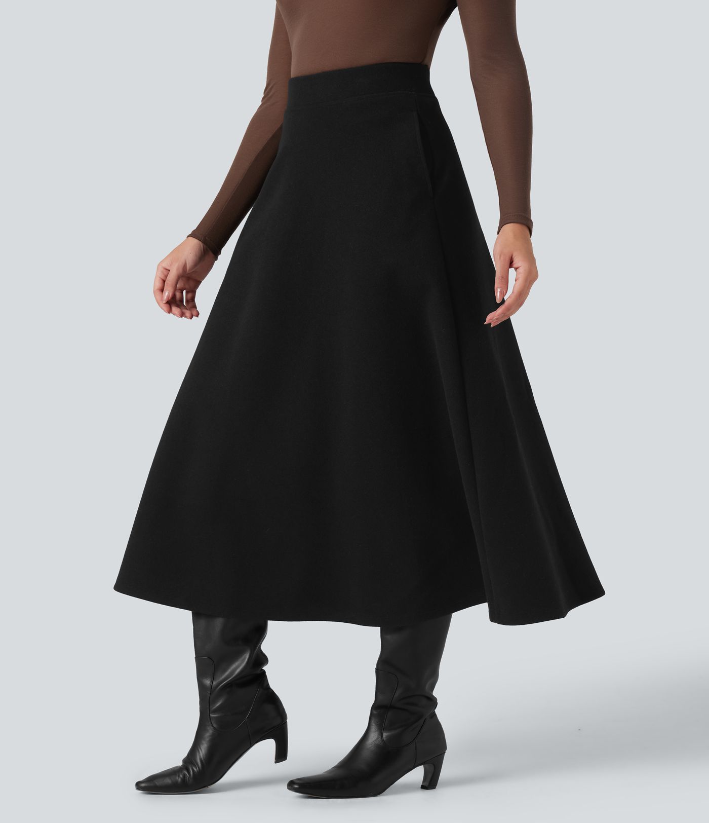 High Waisted Fleece Midi Casual A-line Skirt with Pockets