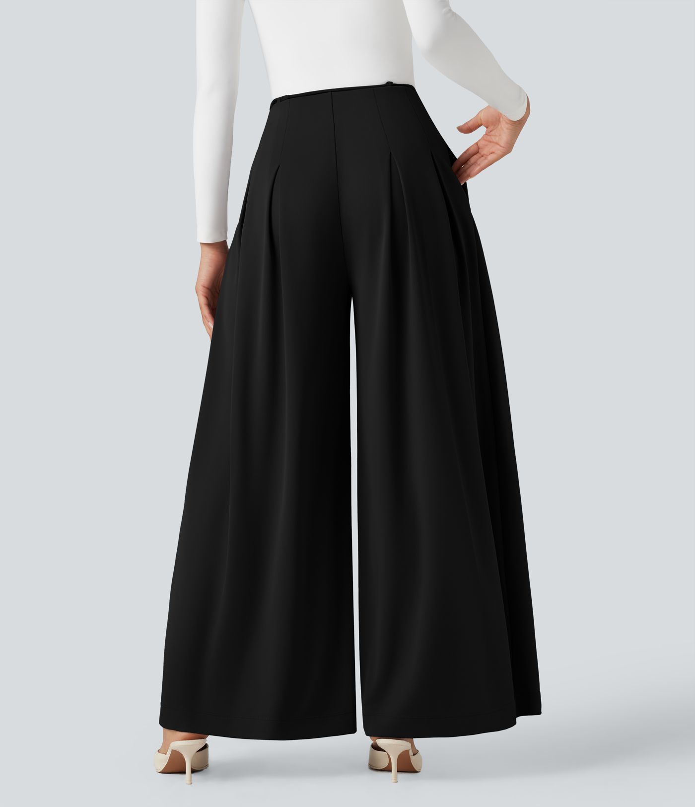 Halara Flex™ wide-leg, flowing, high-waisted crepe tailored trousers with a tie and pockets