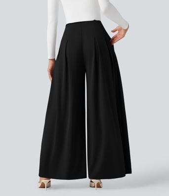 Halara Flex™ wide-leg, flowing, high-waisted crepe tailored trousers with a tie and pockets