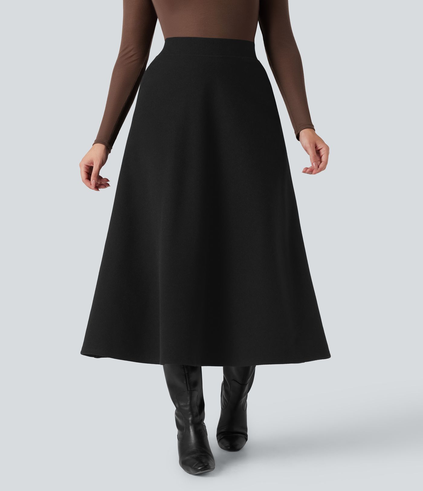 High Waisted Fleece Midi Casual A-line Skirt with Pockets