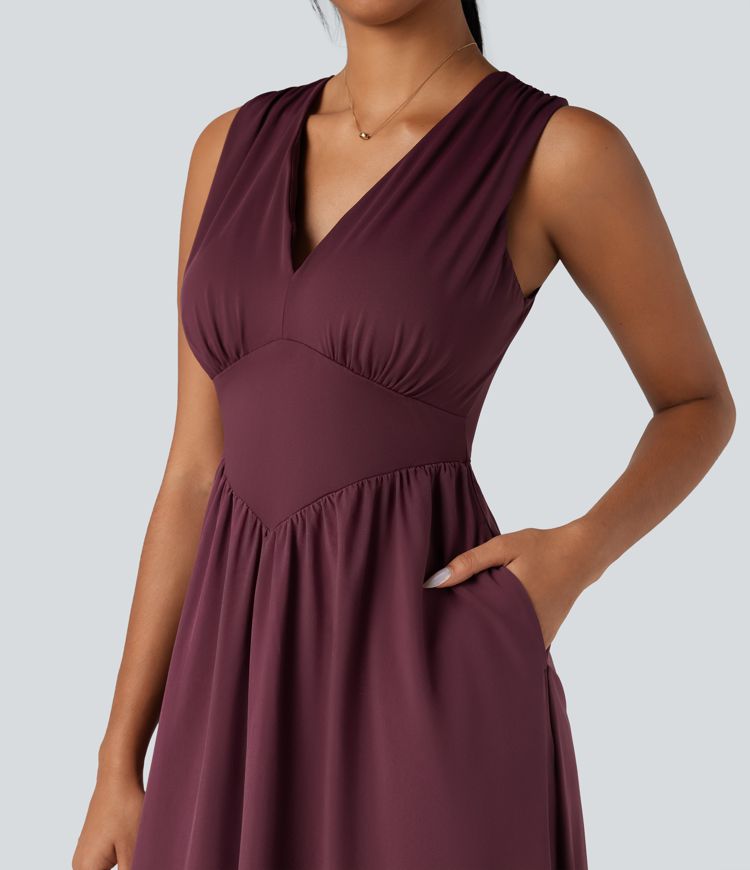 Robe mi-longue fluide décontractée gainante sans manches à décolleté en V profond et séchage rapide avec poches Breezeful™