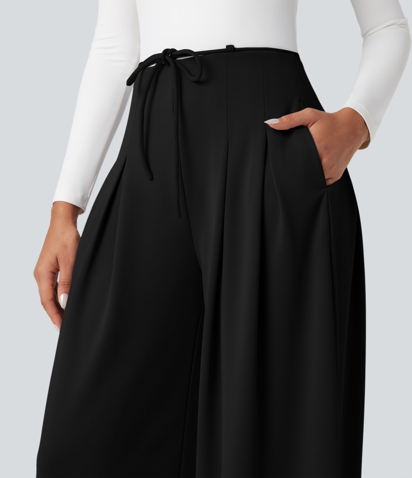 Halara Flex™ wide-leg, flowing, high-waisted crepe tailored trousers with a tie and pockets