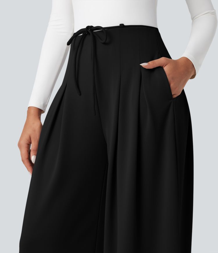 Halara Flex™ wide-leg, flowing, high-waisted crepe tailored trousers with a tie and pockets