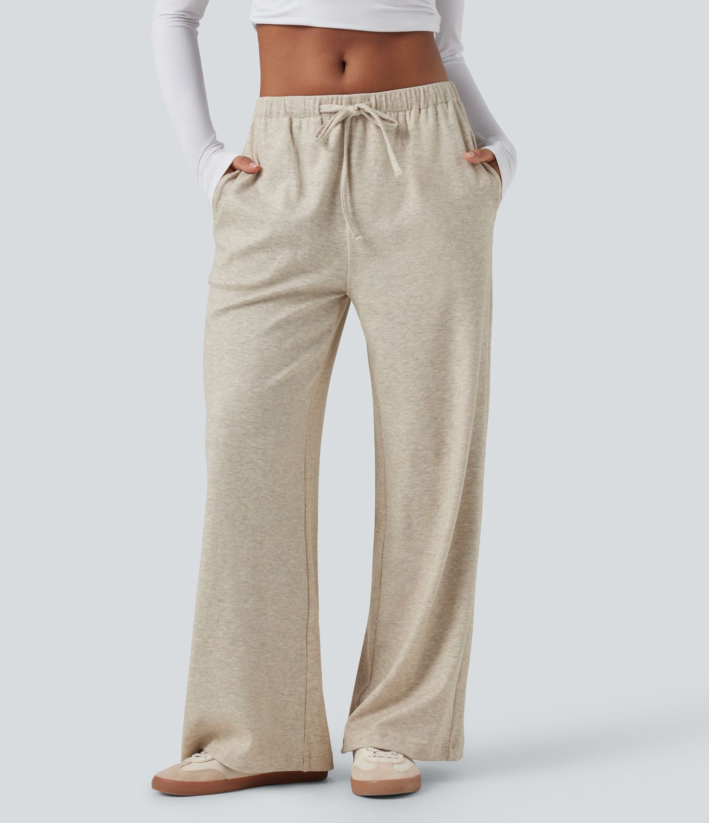 Pantalon ample décontracté taille basse en maille imprimée, à cordon, avec poches