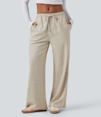 Pantalon ample décontracté taille basse en maille imprimée, à cordon, avec poches