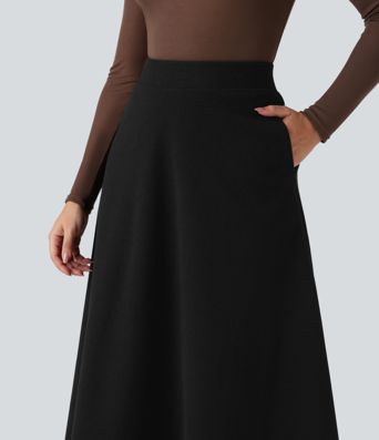 High Waisted Fleece Midi Casual A-line Skirt with Pockets
