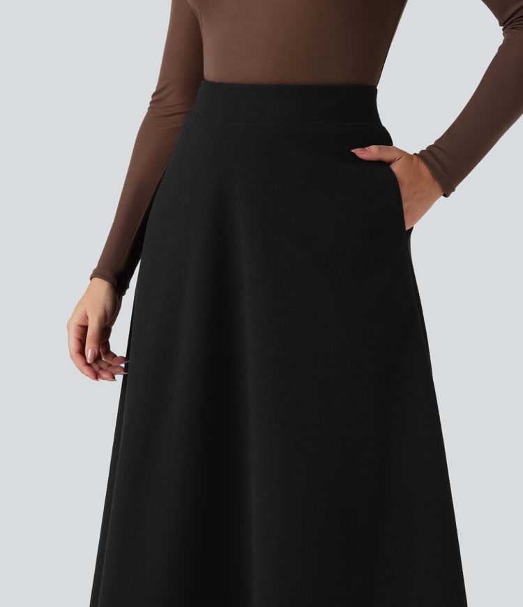 High Waisted Fleece Midi Casual A-line Skirt with Pockets