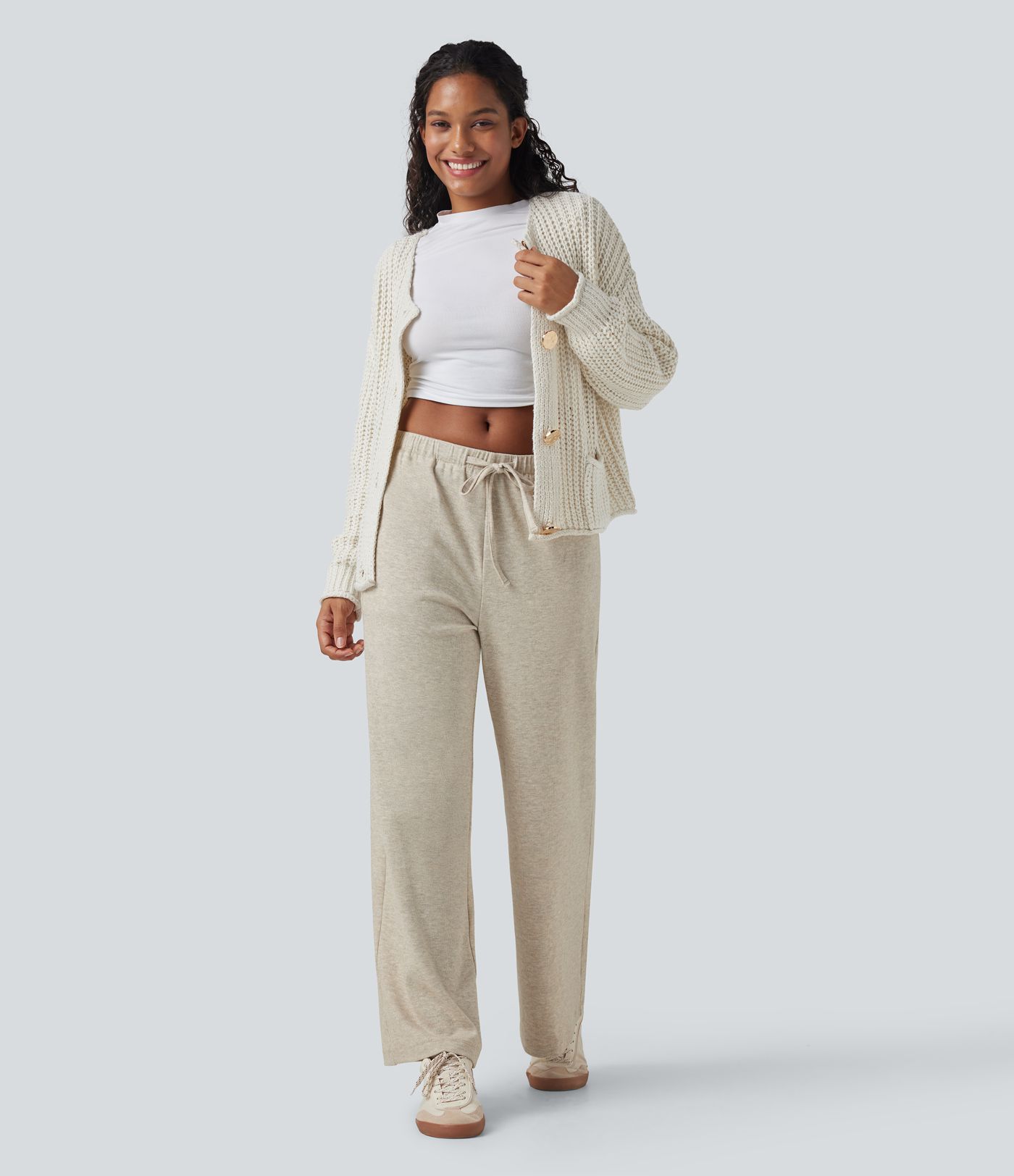 Pantalon ample décontracté taille basse en maille imprimée, à cordon, avec poches