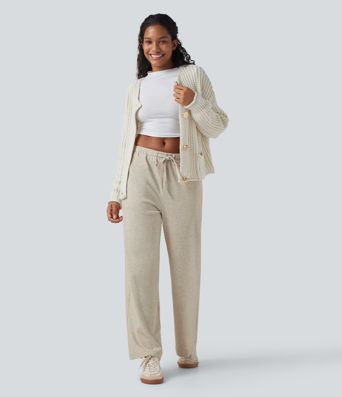 Pantalon ample décontracté taille basse en maille imprimée, à cordon, avec poches