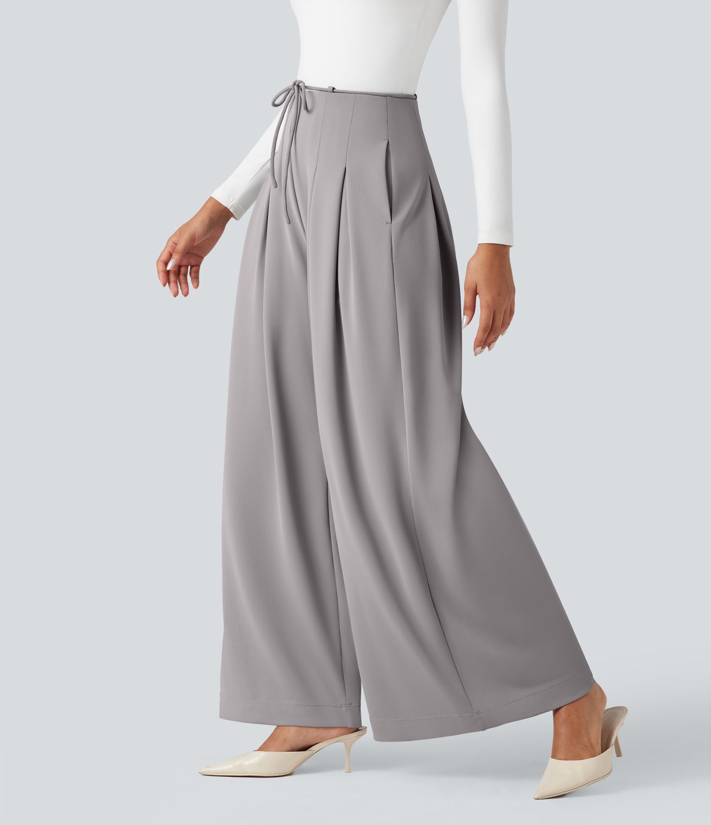 Pantalones de trabajo de crepé de talle alto Halara Flex™, con lazada frontal, pierna ancha y bolsillos