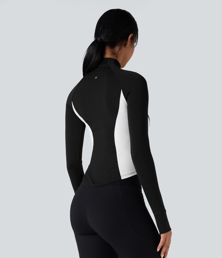 Softlyzero™ Airy High Neck Long Sleeve Thumb Hole Color Block Cool Touch Yoga Jacket-UPF50+