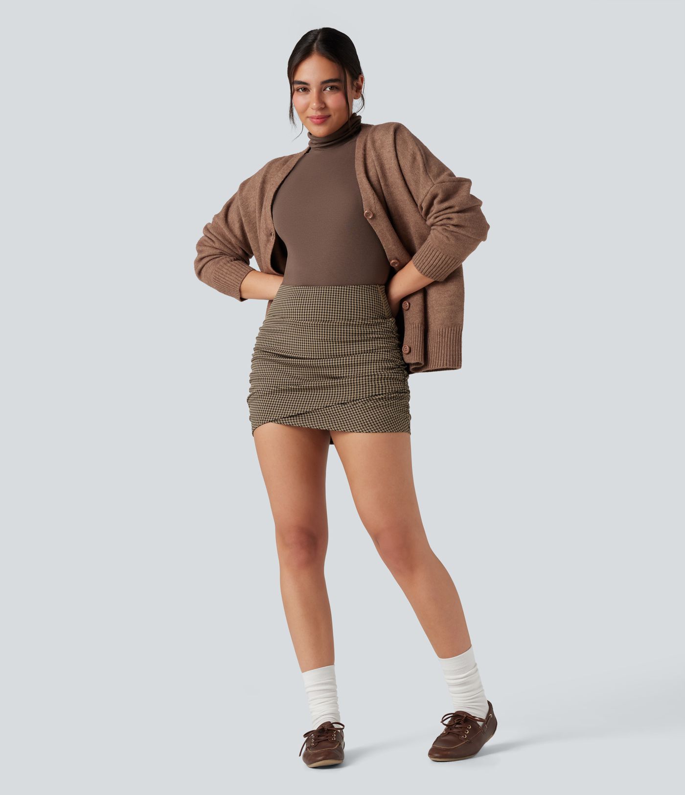 High Waisted 2-in-1 Houndstooth Bodycon Mini Casual Skirt with Pocket