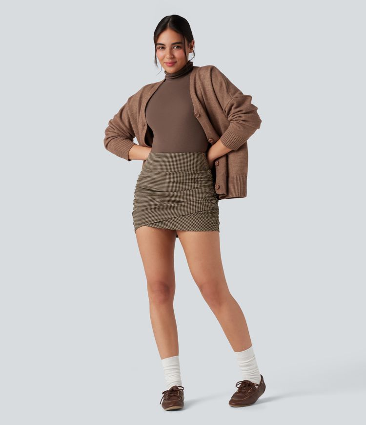 High Waisted 2-in-1 Houndstooth Bodycon Mini Casual Skirt with Pocket