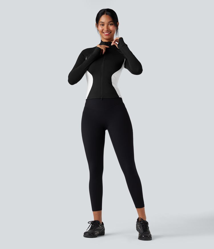 Softlyzero™ Airy High Neck Long Sleeve Thumb Hole Color Block Cool Touch Yoga Jacket-UPF50+