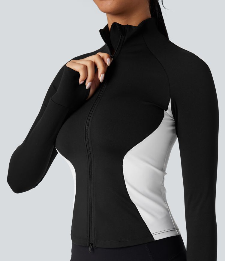 Softlyzero™ Airy High Neck Long Sleeve Thumb Hole Color Block Cool Touch Yoga Jacket-UPF50+
