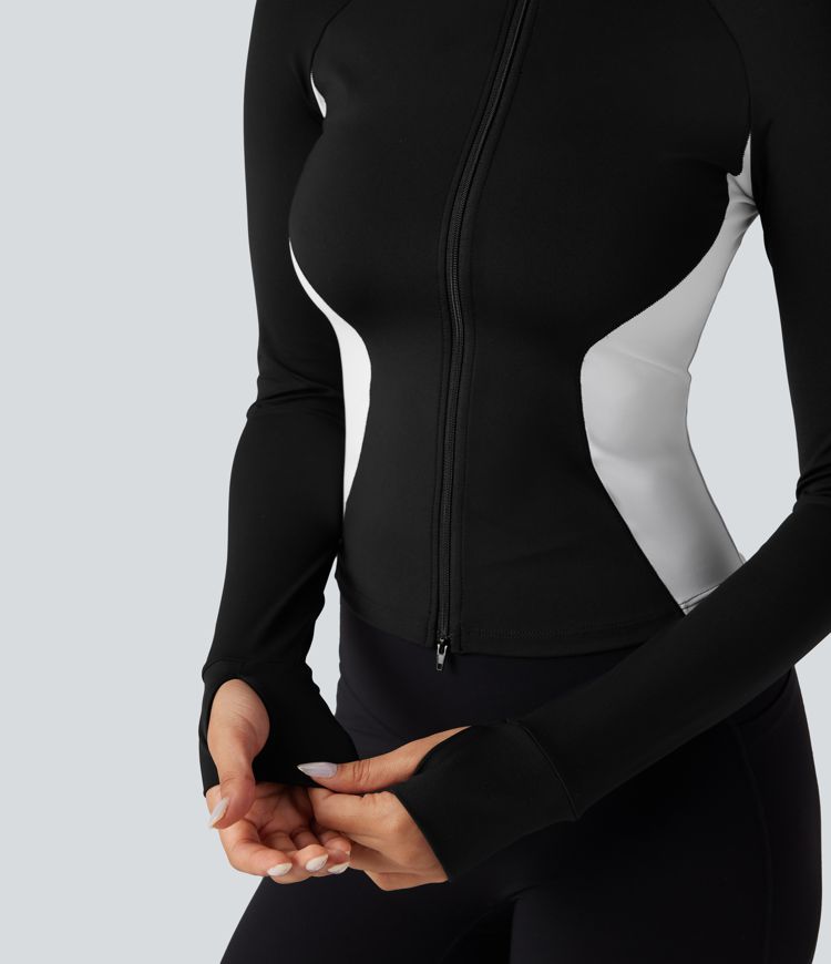 Softlyzero™ Airy High Neck Long Sleeve Thumb Hole Color Block Cool Touch Yoga Jacket-UPF50+