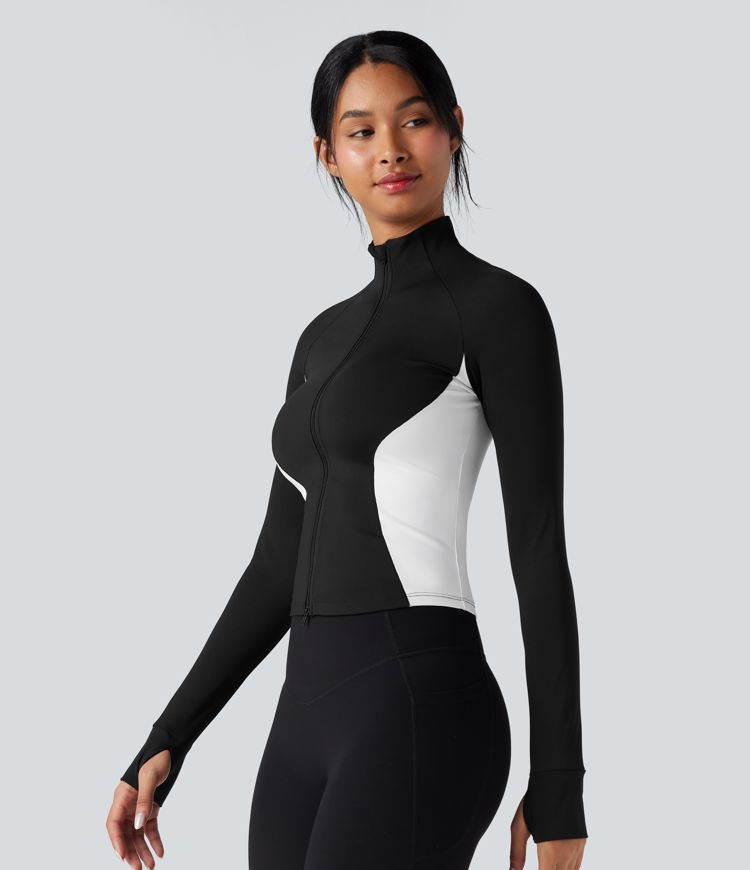 Softlyzero™ Airy High Neck Long Sleeve Thumb Hole Color Block Cool Touch Yoga Jacket-UPF50+